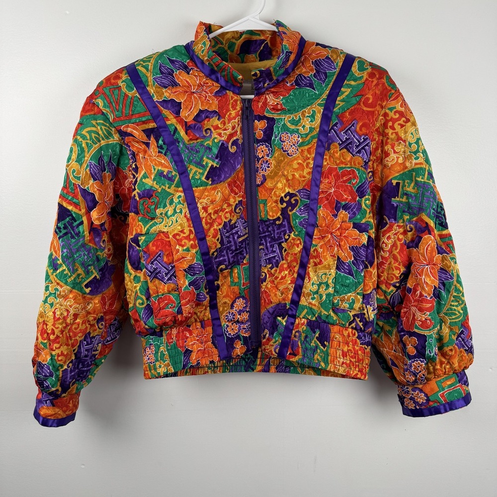 Vintage Howard Wolf Jacket Womens Small Multicolor Floral Quilted Bomber 80s USA